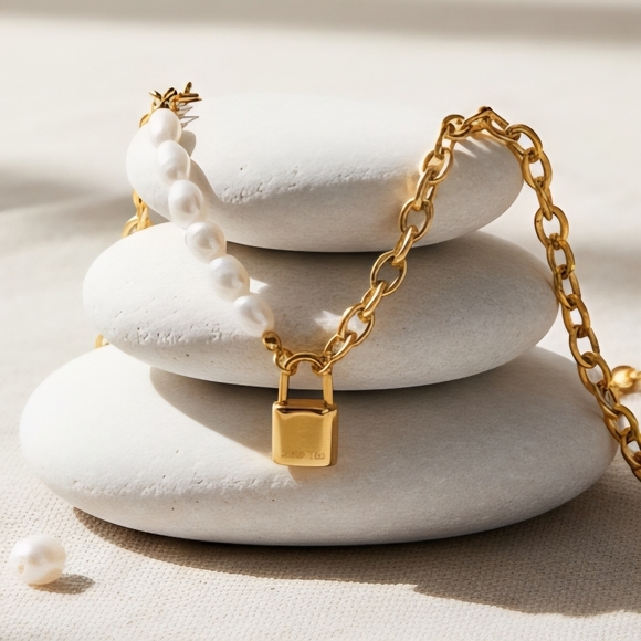 Stunning 18K Gold Plated Freshwater Pearl Necklace with Padlock Charm 🔒 ✨ - Picture 8 of 12